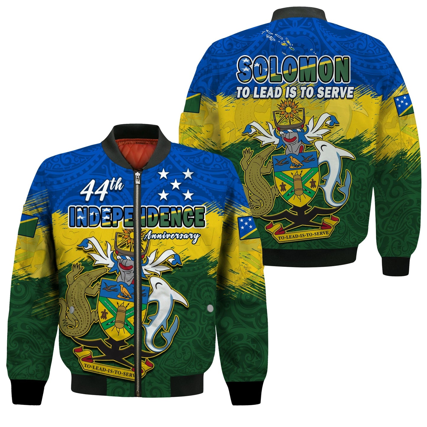 Solomon Islands Bomber Jacket Happy 44th Independence Anniversary Polynesian Pattern