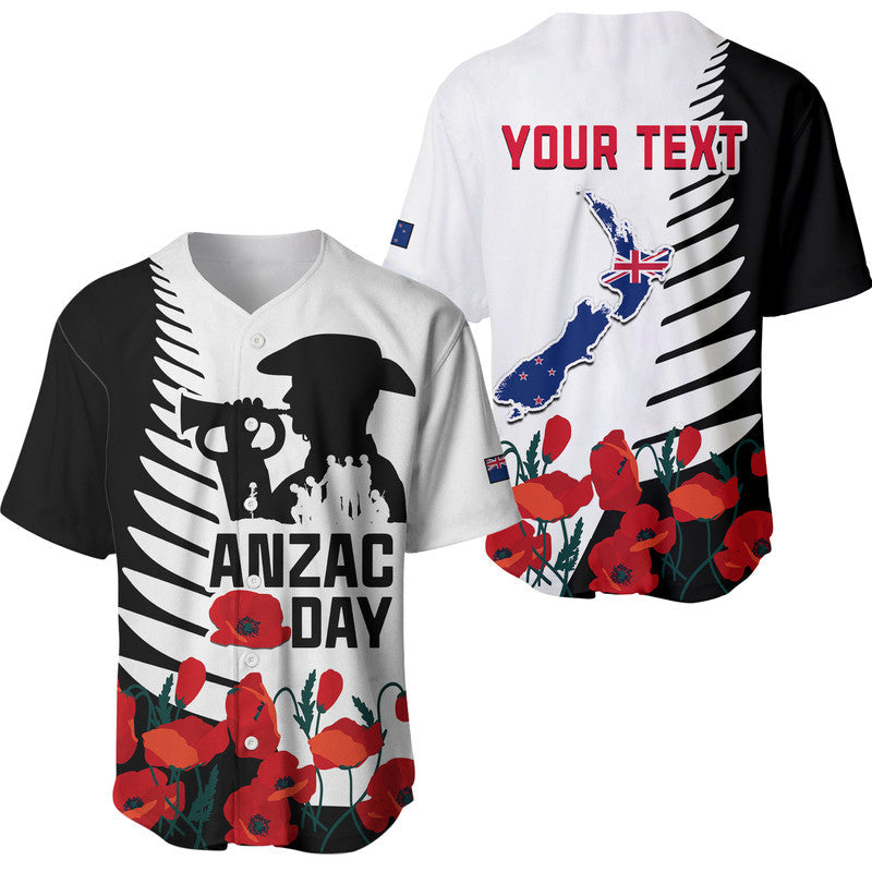 (Custom Personalised) New Zealand ANZAC Day Baseball Jersey Military Silver Ferns and Red Poppy