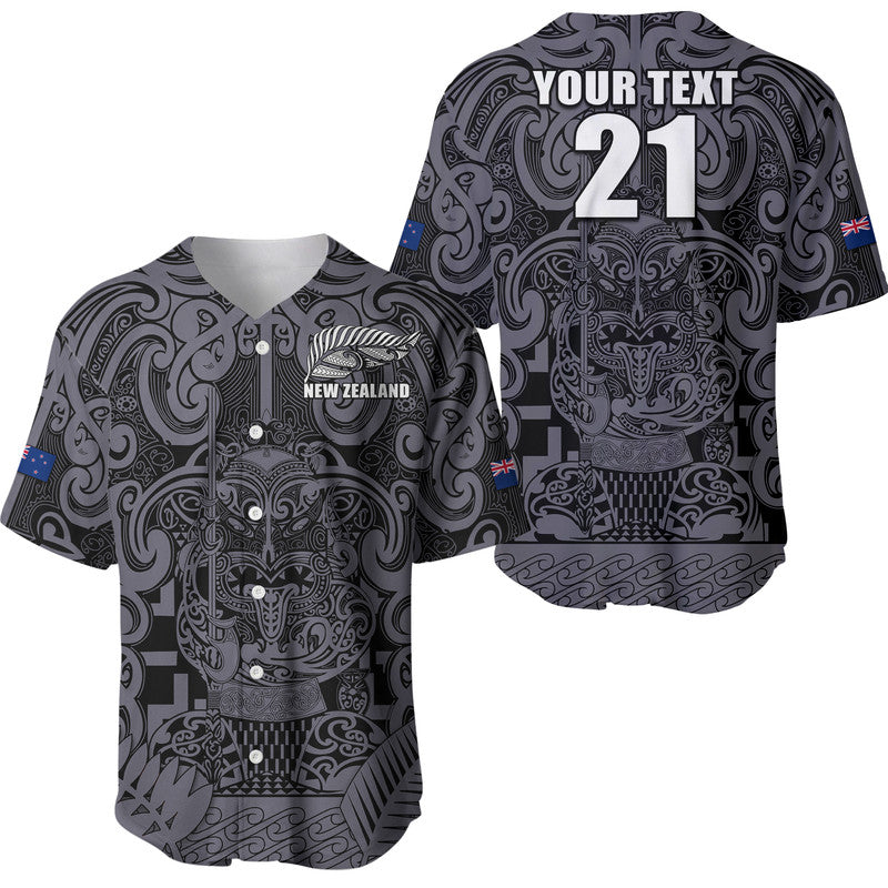 (Custom Text And Number) New Zealand Taiaha Maori Baseball Jersey Minimalist Silver Fern All Black