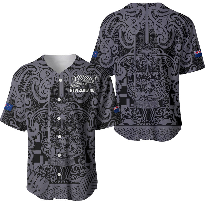 New Zealand Taiaha Maori Baseball Jersey Minimalist Silver Fern All Black