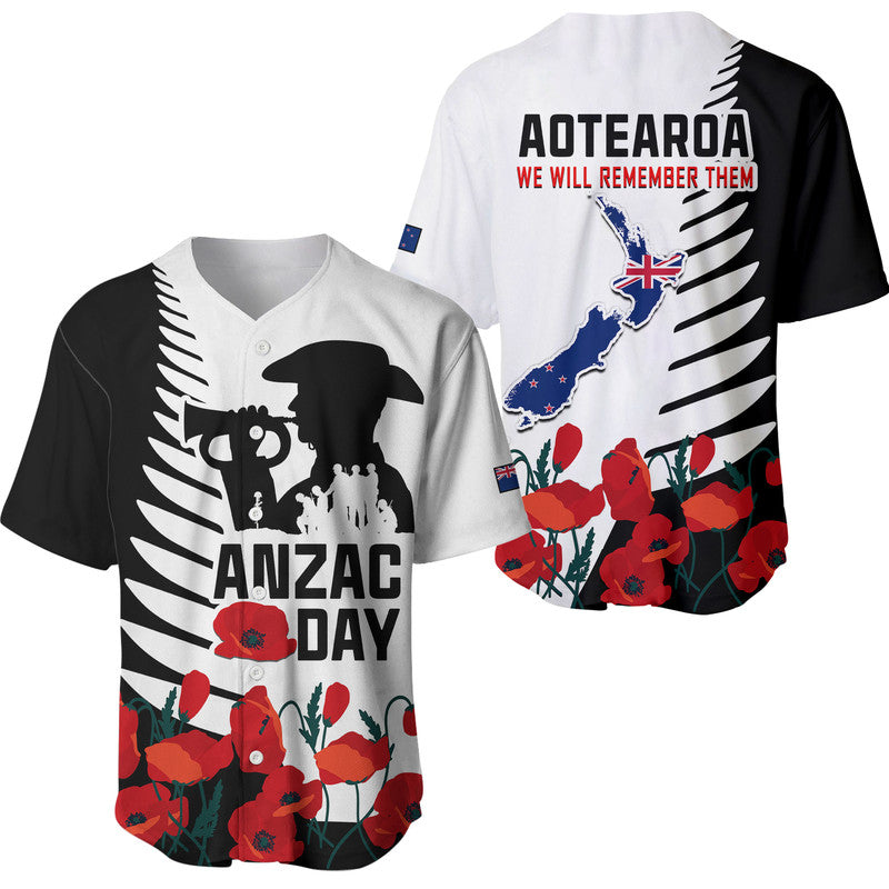 New Zealand ANZAC Day Baseball Jersey Military Silver Ferns and Red Poppy