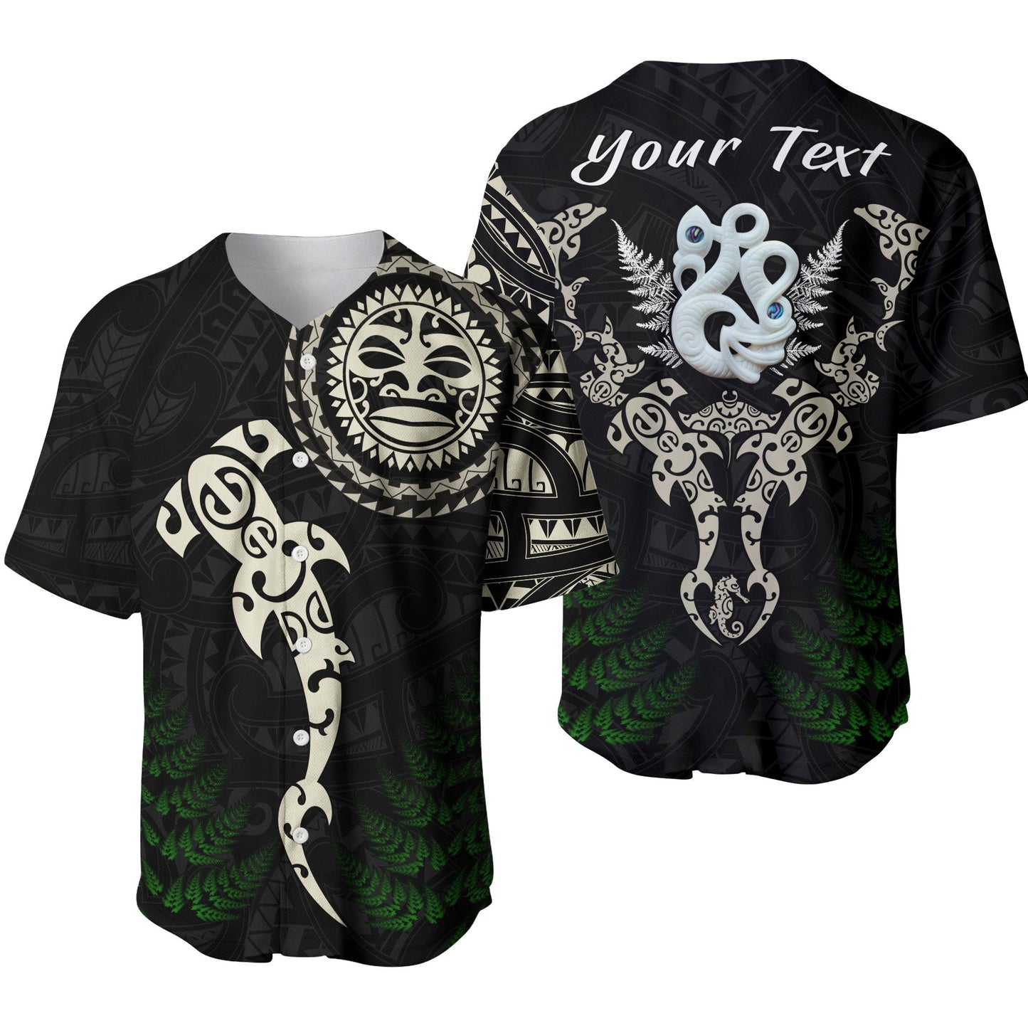 (Custom Personalised) Aotearoa Fern Baseball Jersey Maori Manaia and Fish