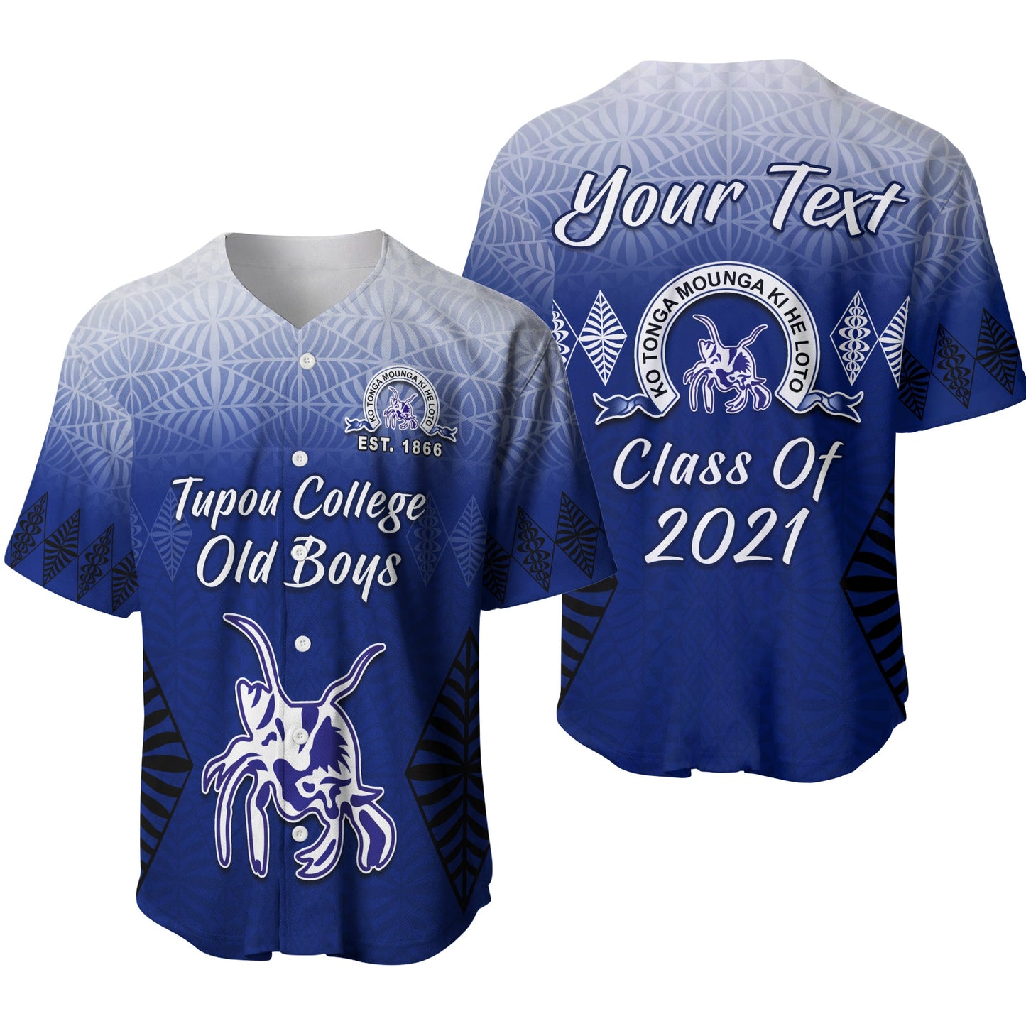 (Custom Personalised) Tupou College Baseball Jersey Old Boys Tongan Tapa Class Year and Your Text