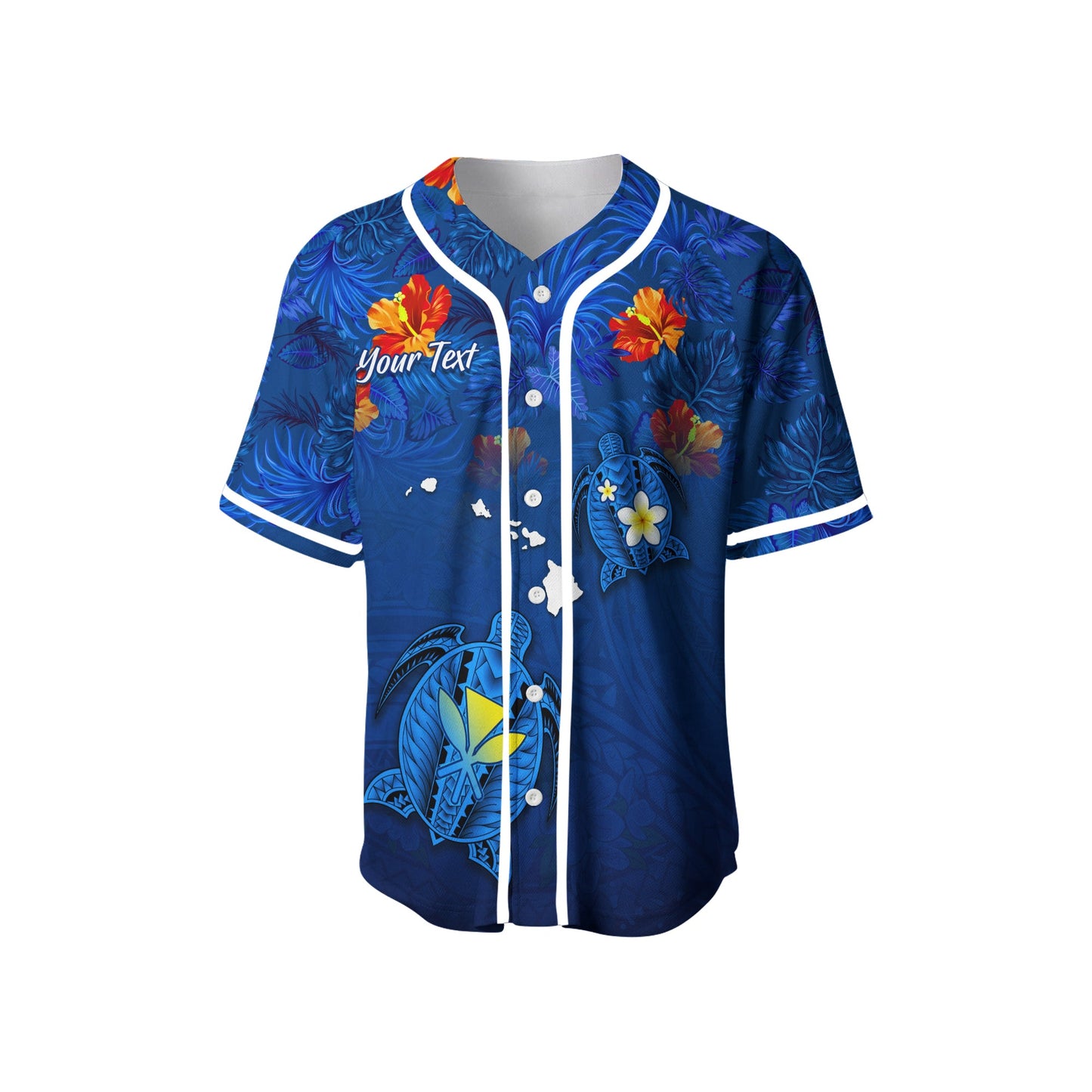 (Custom Personalised) Hawaiian Islands Baseball Jersey Hawaii Tropical Flowers and Turtles Blue