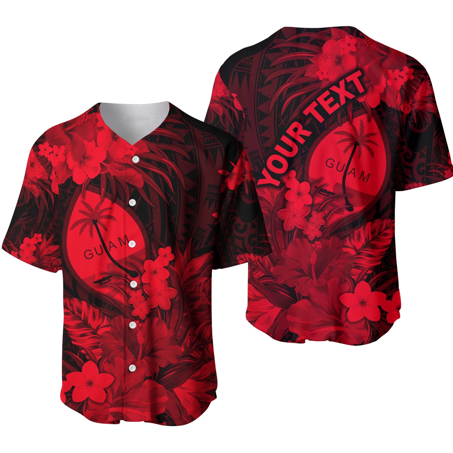 (Custom Personalised) Guam Polynesian Baseball Jersey Tropical Flowers Red
