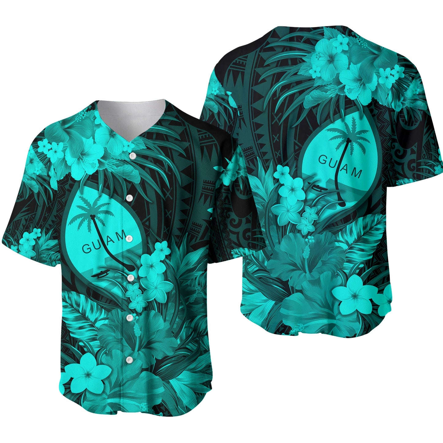 Guam Polynesian Baseball Jersey Tropical Flowers Turquoise