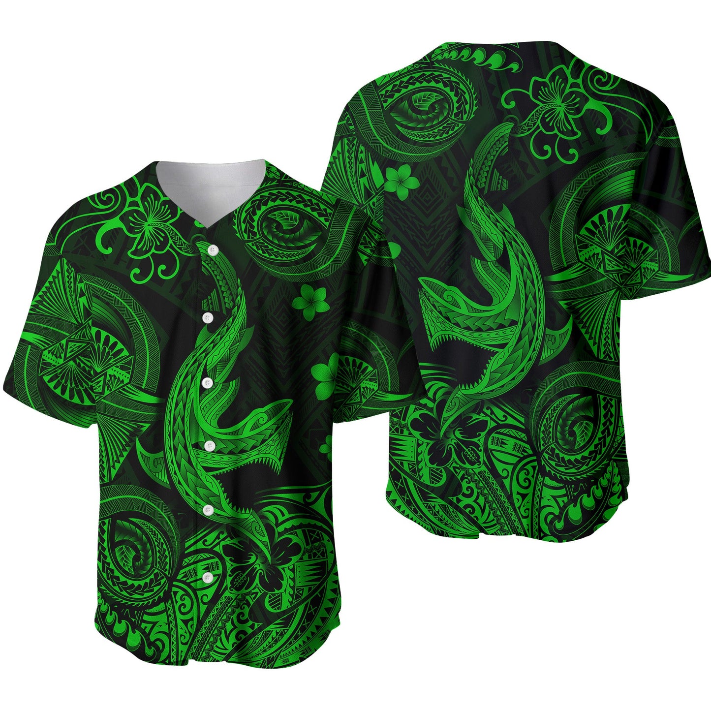Hawaii Angry Shark Polynesian Baseball Jersey Unique Style Green