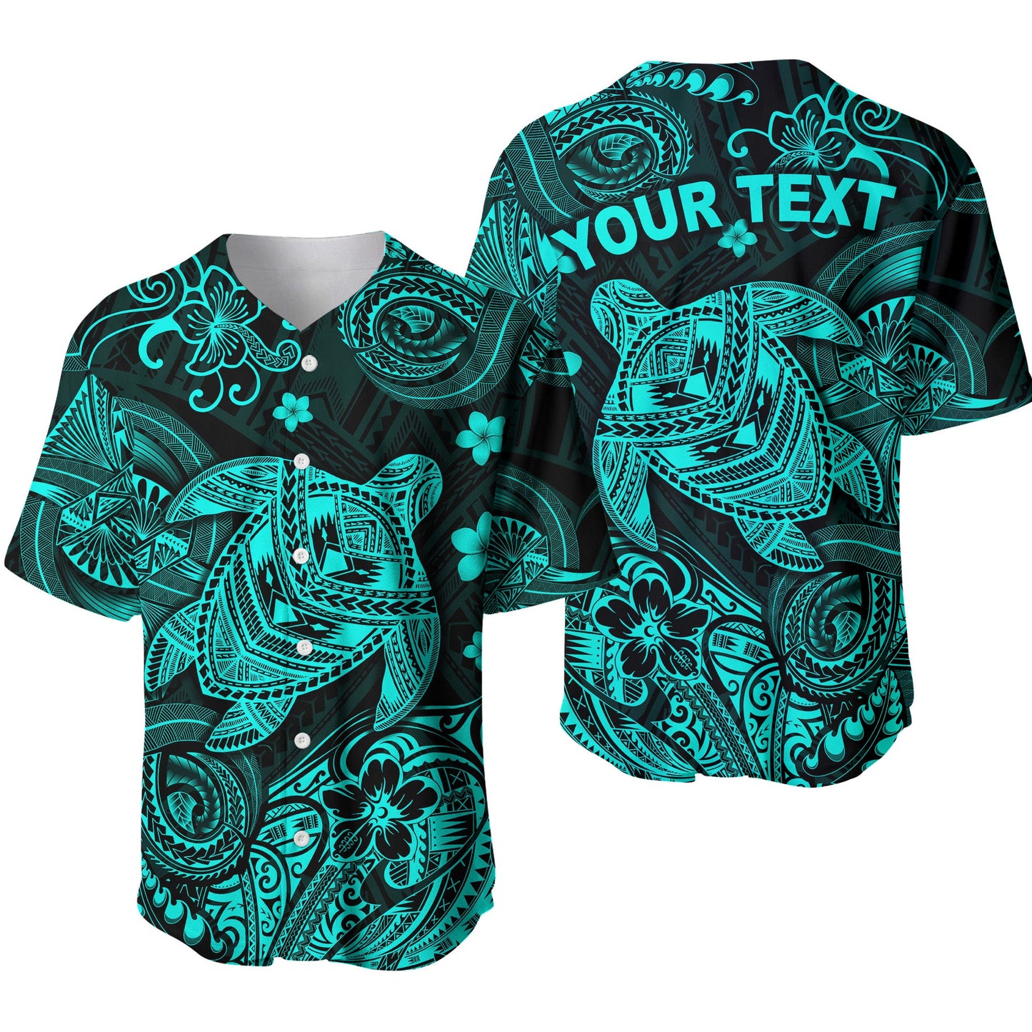 (Custom Personalised) Hawaii Turtle Polynesian Baseball Jersey Plumeria Flower Unique Style Turquoise