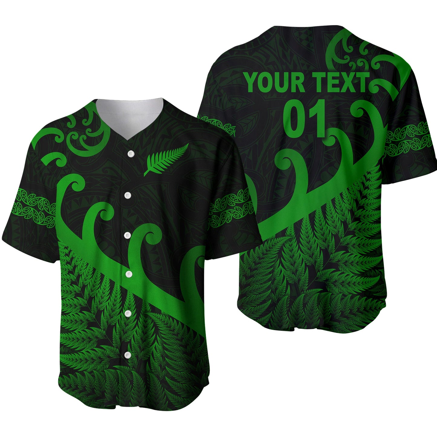 (Custom Personalised) New Zealand Rugby Maori Baseball Jersey Silver Fern Koru Vibes Green
