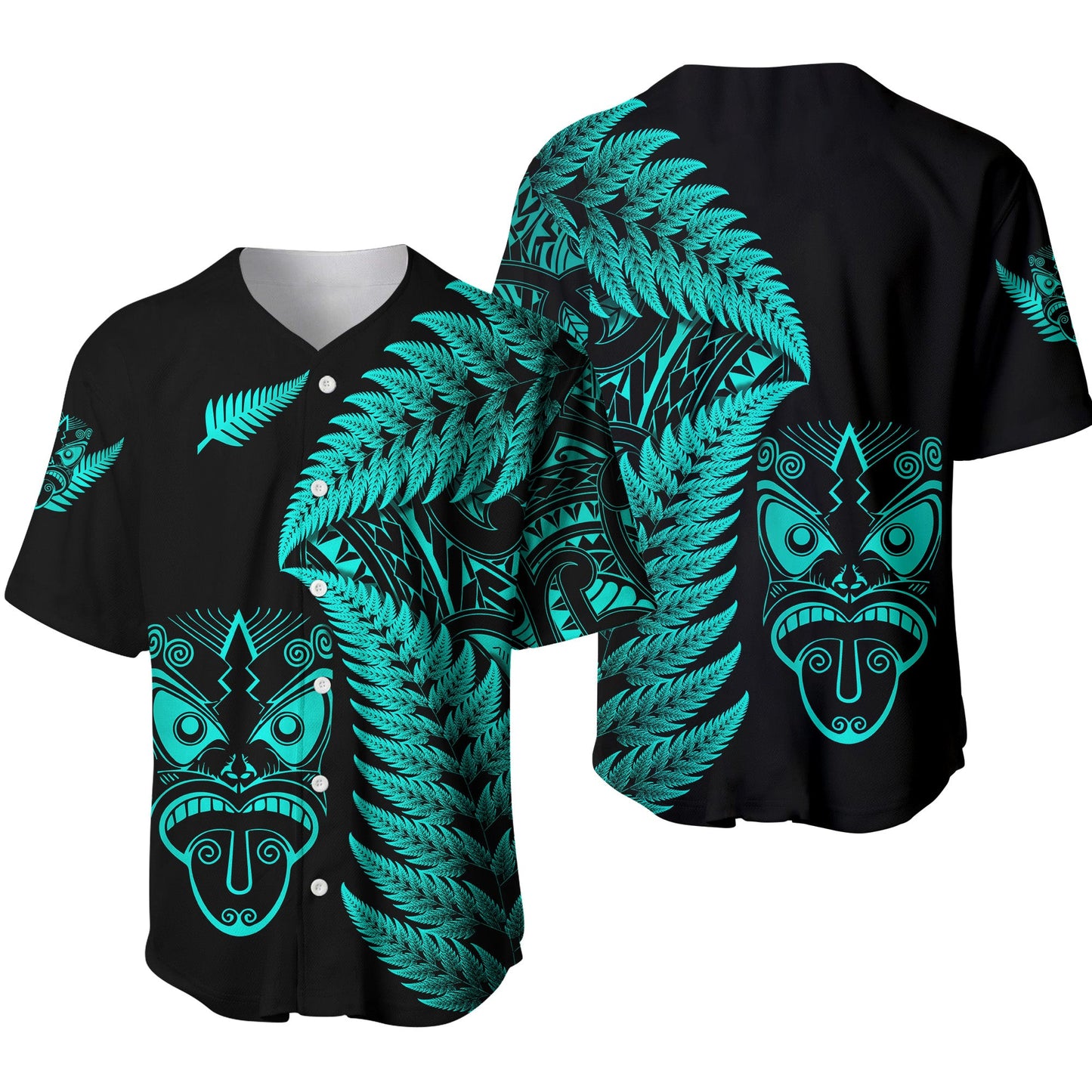 New Zealand Haka Rugby Maori Baseball Jersey Silver Fern Vibes Turquoise