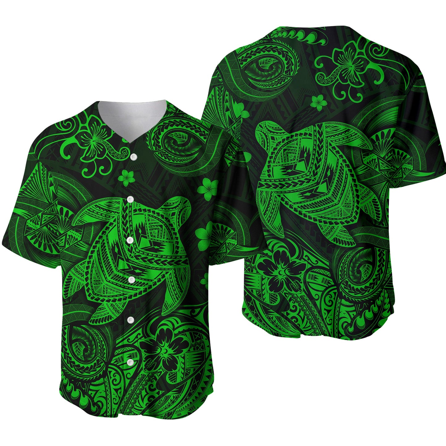 Hawaii Turtle Polynesian Baseball Jersey Plumeria Flower Unique Style Green