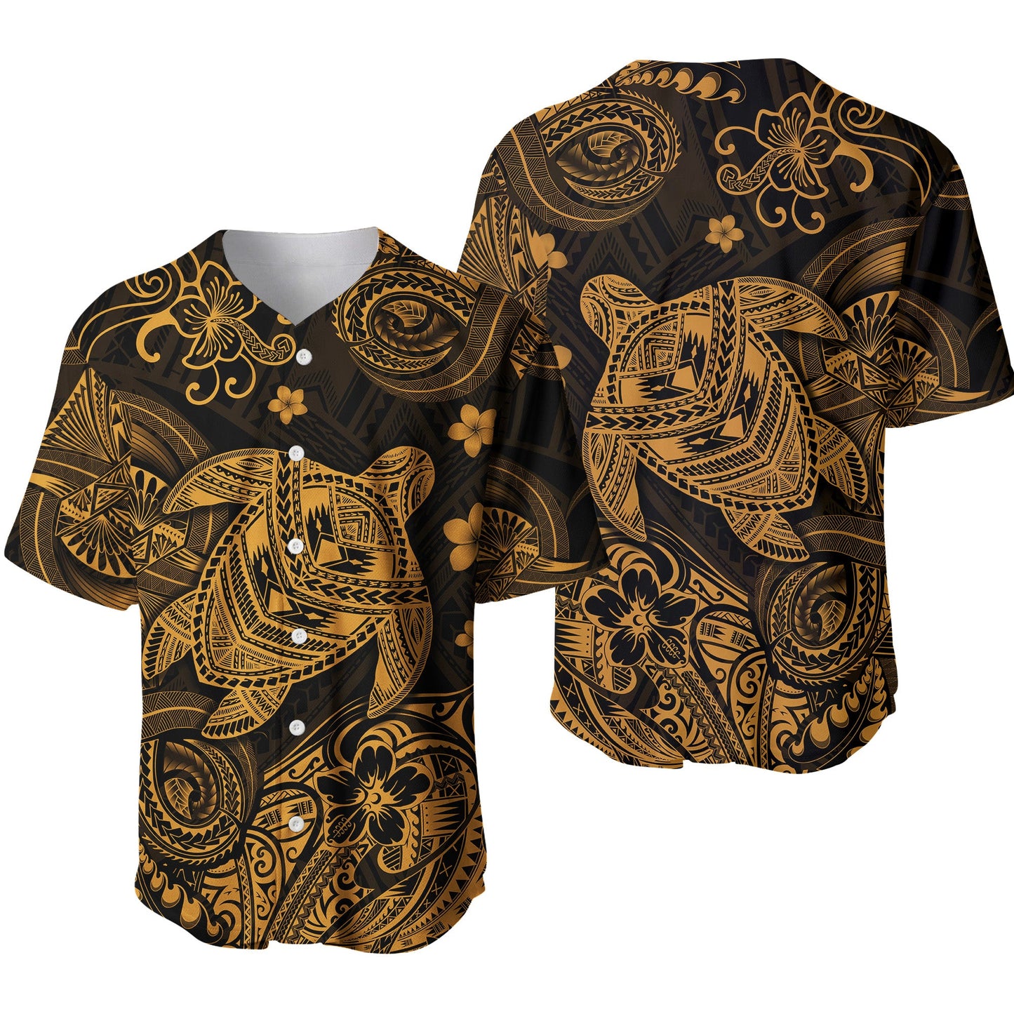 Hawaii Turtle Polynesian Baseball Jersey Plumeria Flower Unique Style Gold