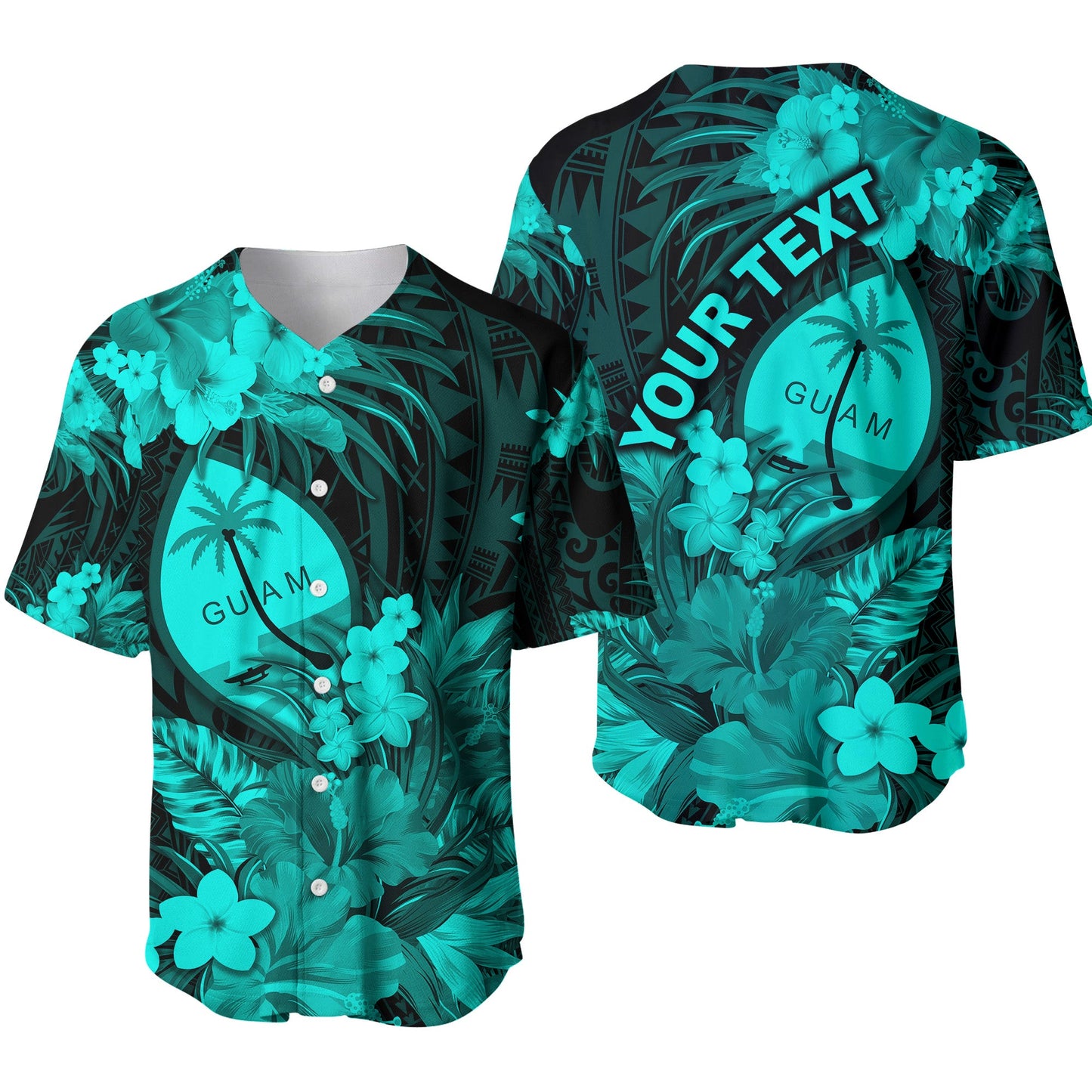 (Custom Personalised) Guam Polynesian Baseball Jersey Tropical Flowers Turquoise
