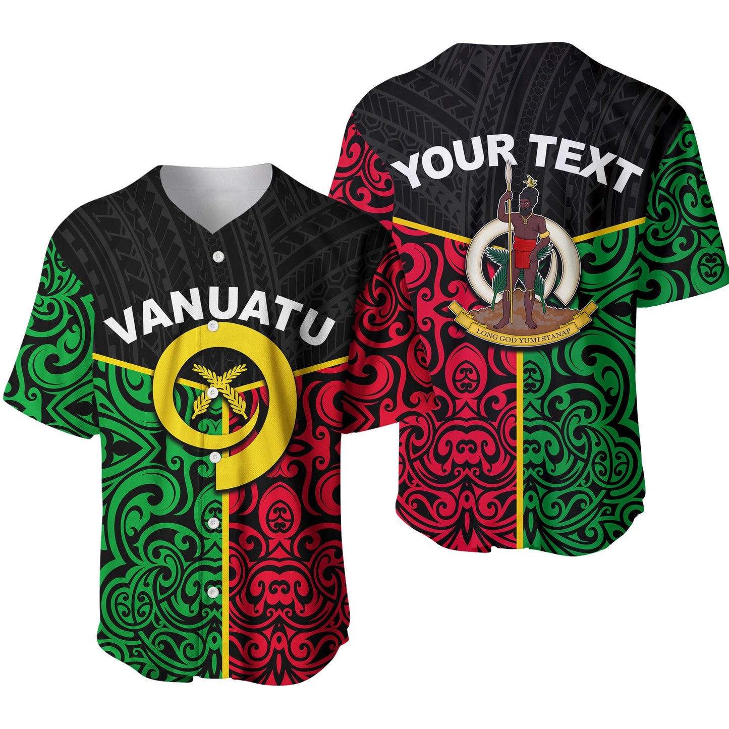 (Custom Personalised) Vanuatu Baseball Jersey Polynesian Patterns Mix Flag