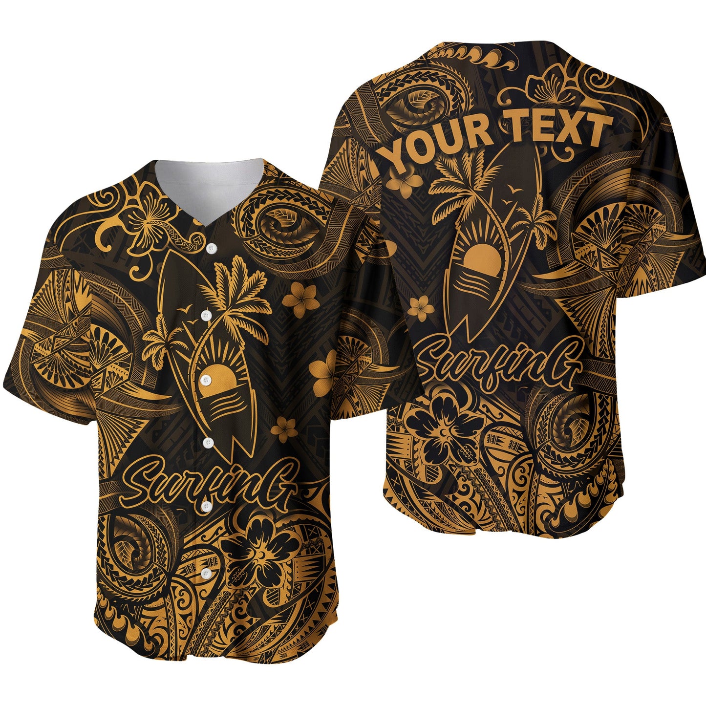 (Custom Personalised) Hawaii Surfing Polynesian Baseball Jersey Unique Style Gold