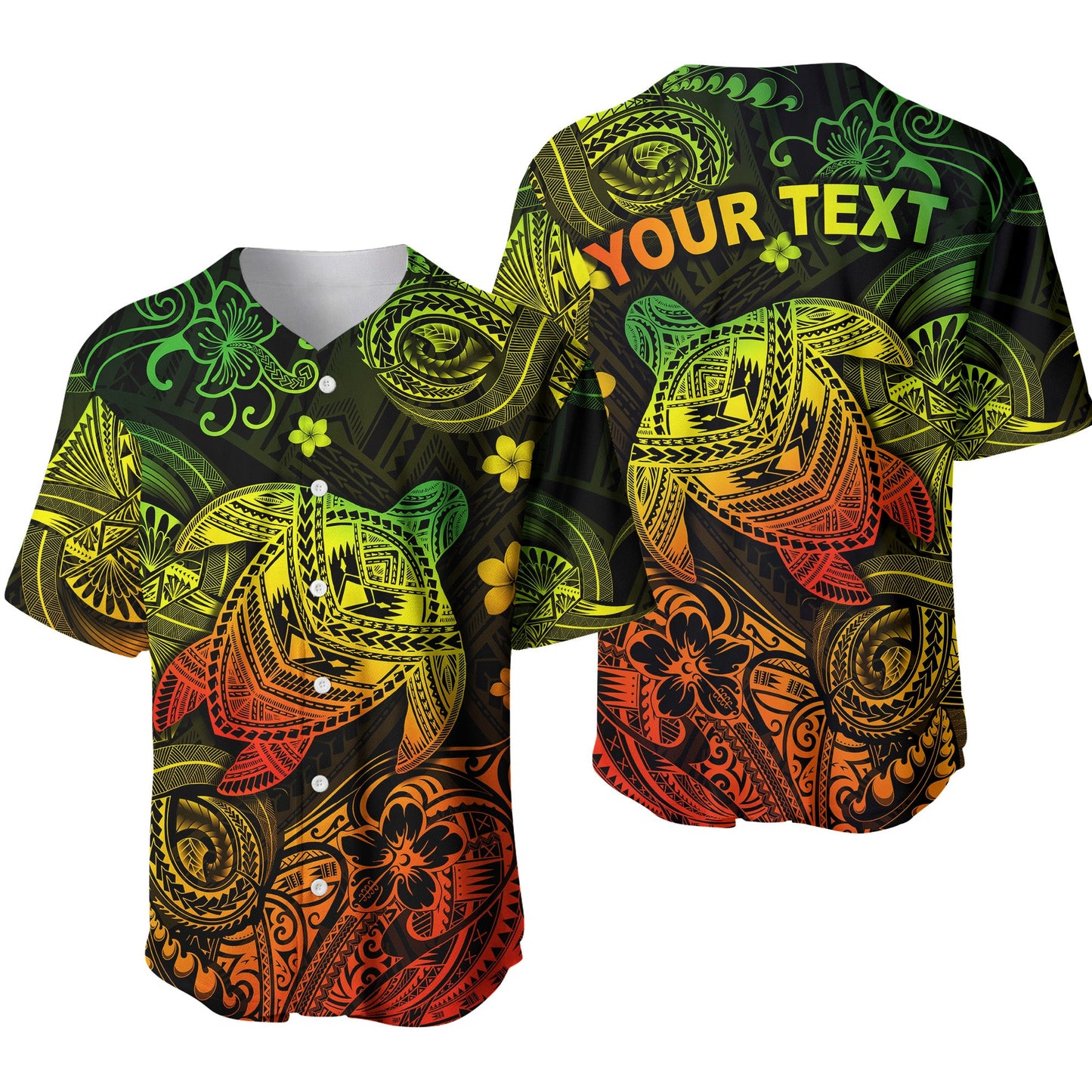 (Custom Personalised) Hawaii Turtle Polynesian Baseball Jersey Plumeria Flower Unique Style Reggae