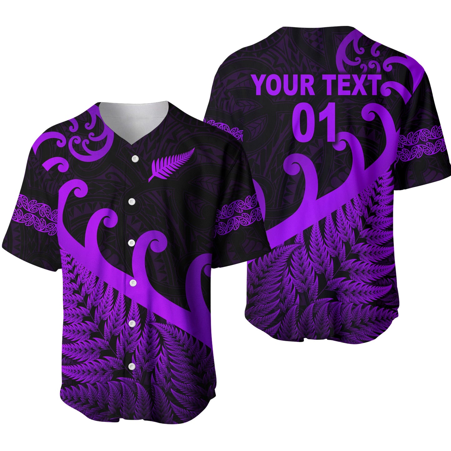 (Custom Personalised) New Zealand Rugby Maori Baseball Jersey Silver Fern Koru Vibes Purple