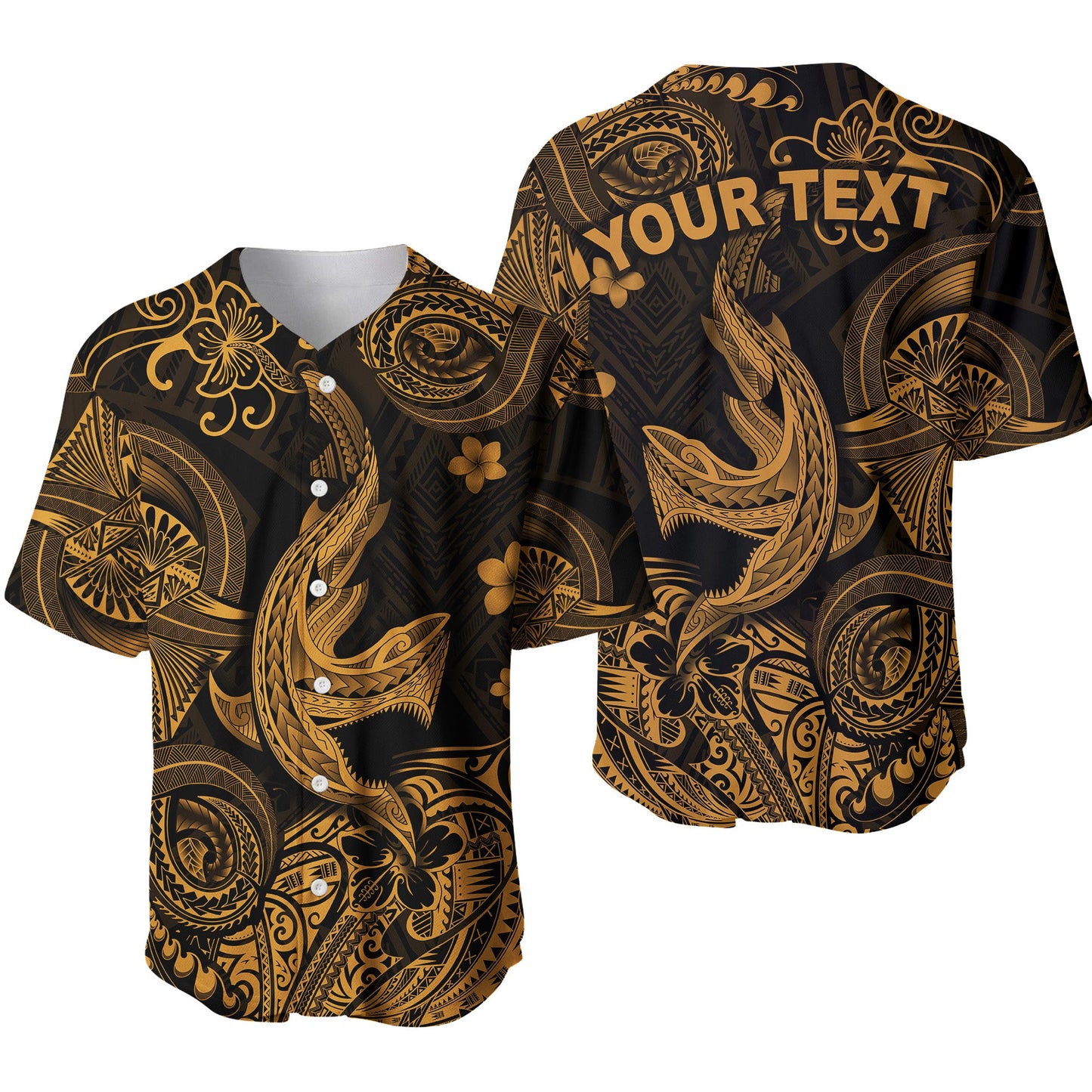 (Custom Personalised) Hawaii Angry Shark Polynesian Baseball Jersey Unique Style Gold