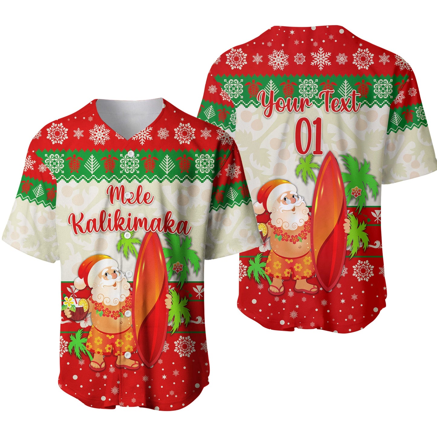 (Custom Personalised) Hawaii Christmas Baseball Jersey Santa Claus Surfing Simple Style Beige Red