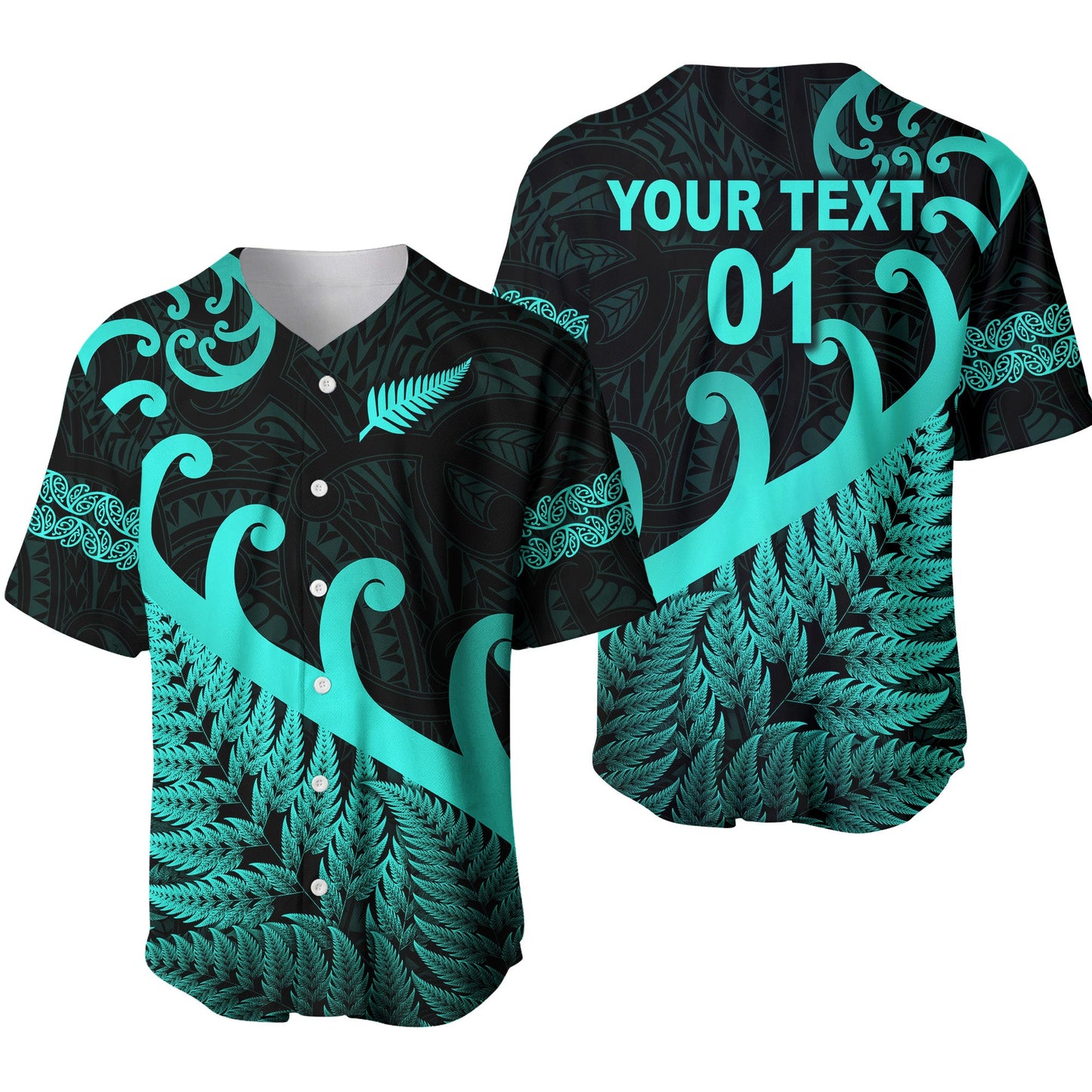 (Custom Personalised) New Zealand Rugby Maori Baseball Jersey Silver Fern Koru Vibes Turquoise