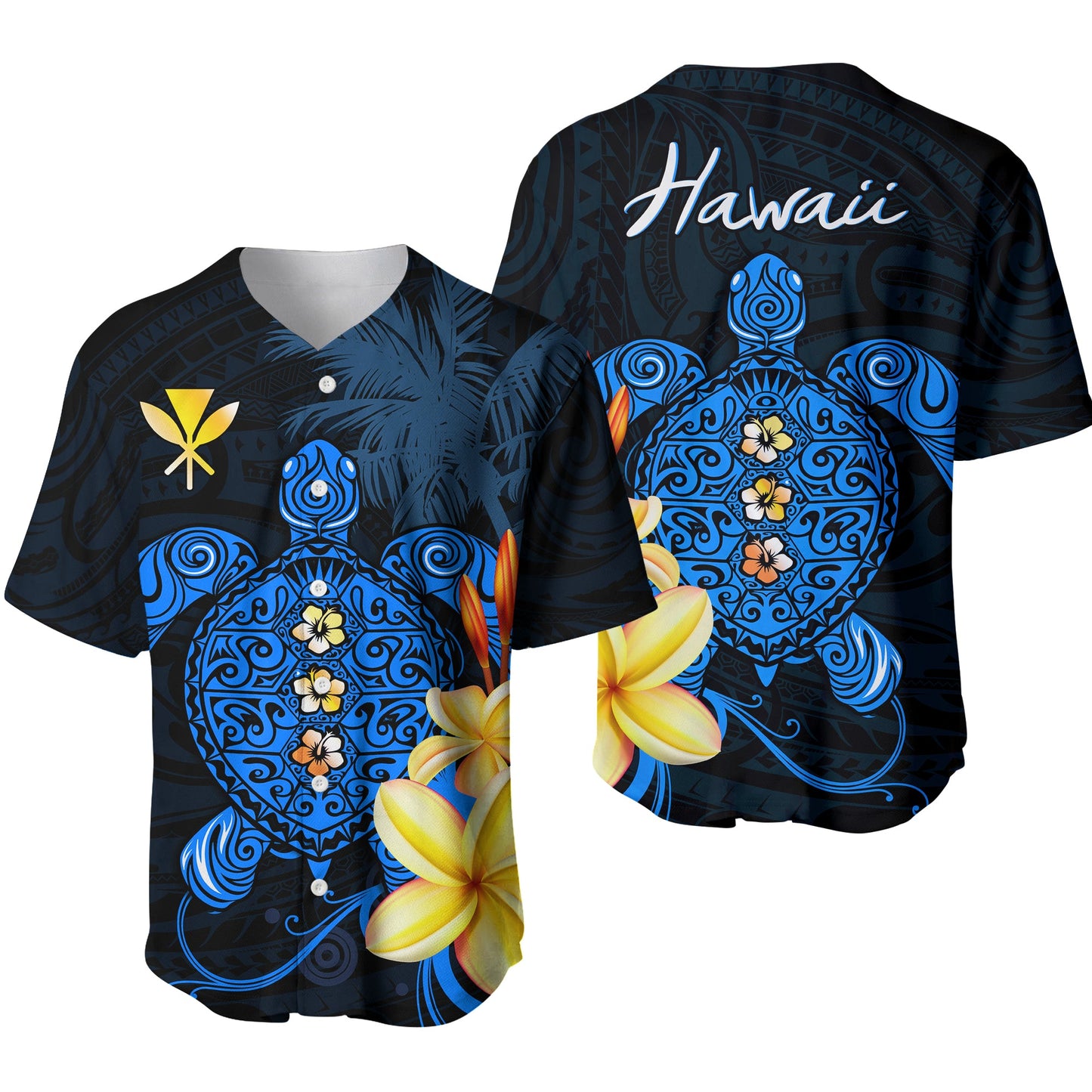Hawaii Turtle Baseball Jersey Hawaiian Flowers Version Blue Elegant