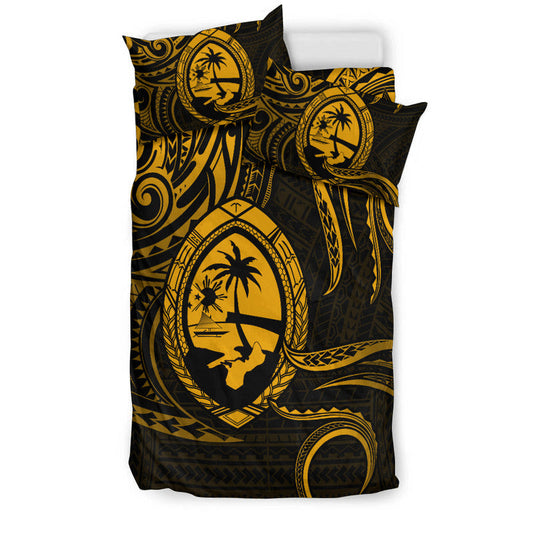 Polynesian Pride Guam With Polynesian Tribal Tattoo and Coat of Arms Bedding Set Gold Version