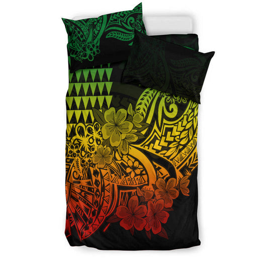 Hawaii Kakau Bedding Set Polynesian Floral Tribal Reggae Version