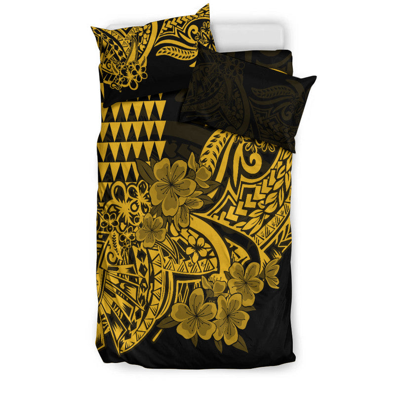 Hawaii Kakau Bedding Set Polynesian Floral Tribal Gold Version