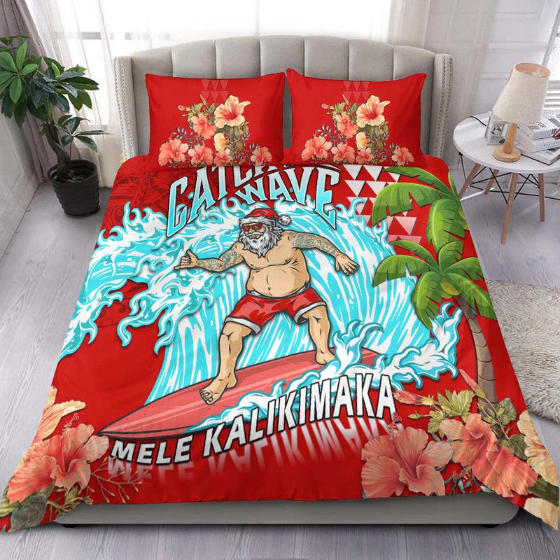 Hawaii Mele Kalikimaka Bedding Set Santa Claus Surfing Xmas Time