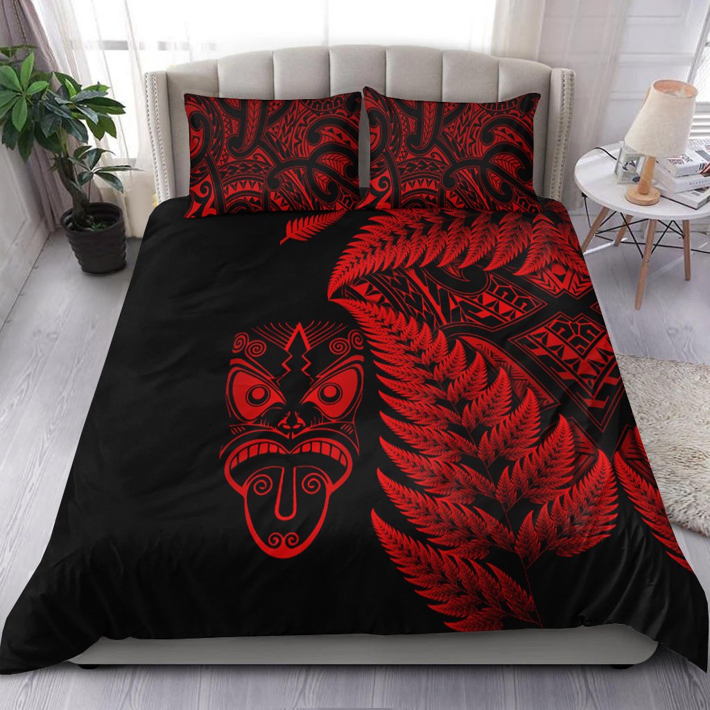 New Zealand Haka Rugby Maori Bedding Set Silver Fern Vibes Red