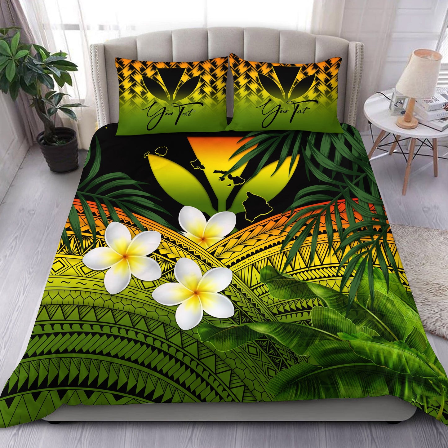 (Custom) Kanaka Maoli (Hawaiian) Bedding Set, Polynesian Plumeria Banana Leaves Reggae Personal Signature