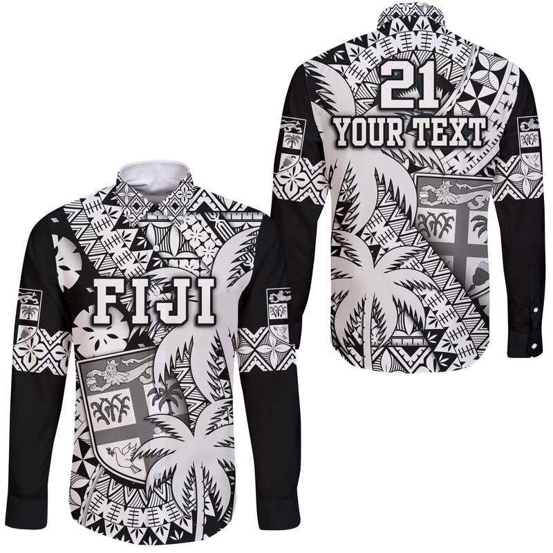 (Custom Personalised) Fiji Coat Of Arms Hawaii Long Sleeve Button Shirt Masi Tapa Mixed Palm Tree No1 Black Version