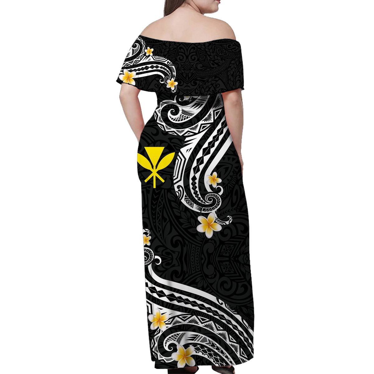 Hawaii Women Off Shoulder Long Dress Black Polynesian Line Style