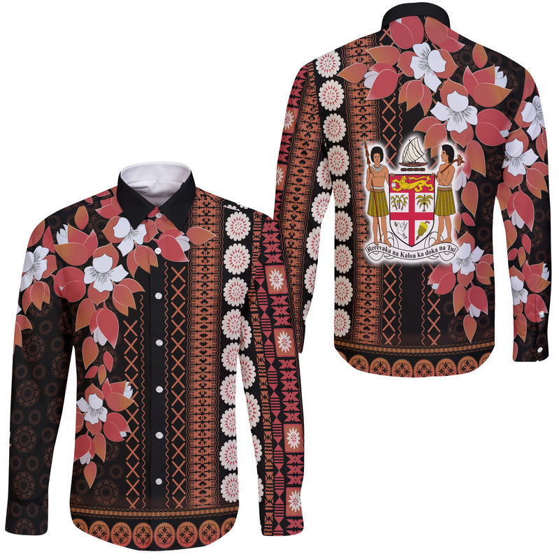 Fiji Hawaii Long Sleeve Button Shirt Tagimoucia Mixed Black Tapa Style