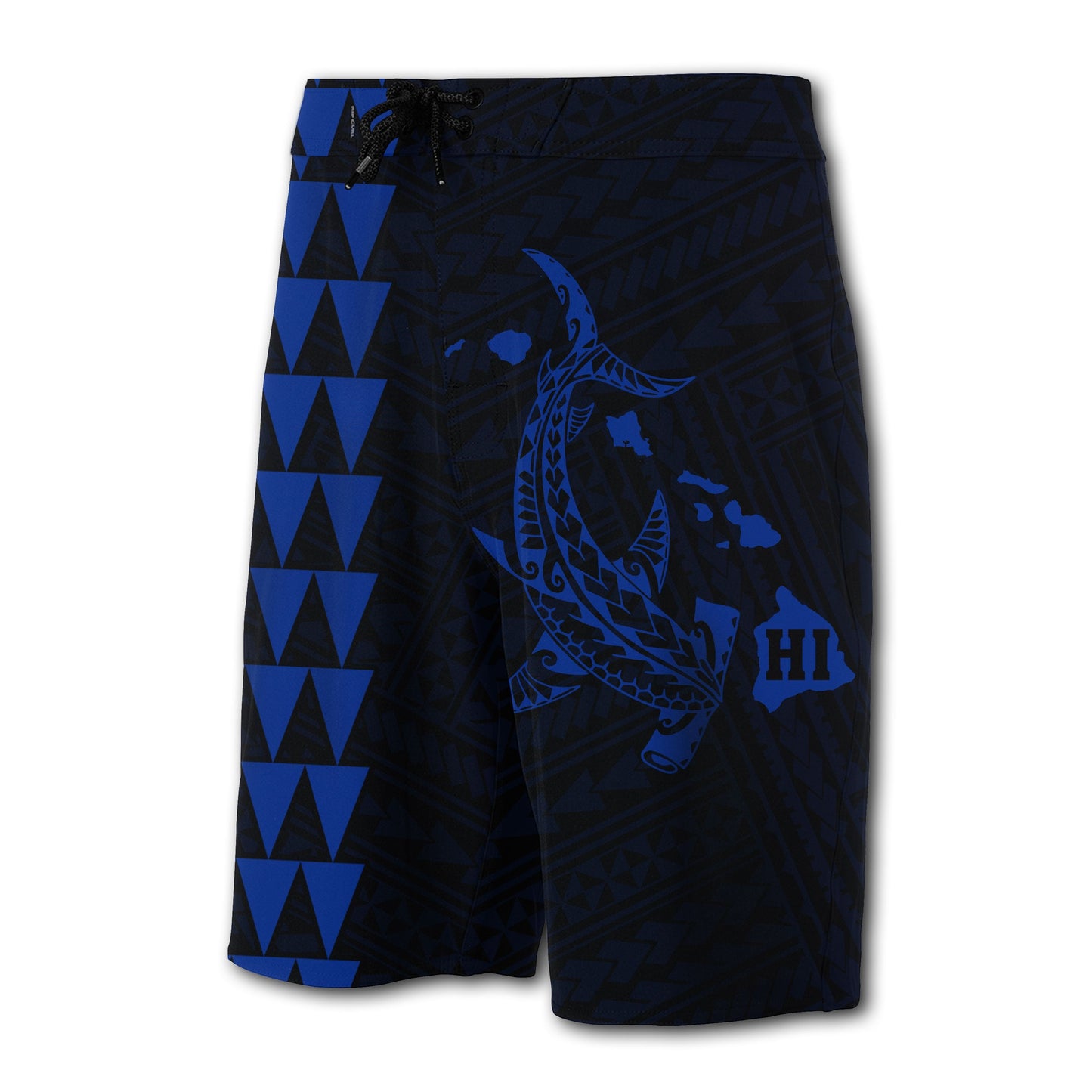 Hawaii Kakau Polynesian Hammerhead Shark Map Board Shorts - Blue