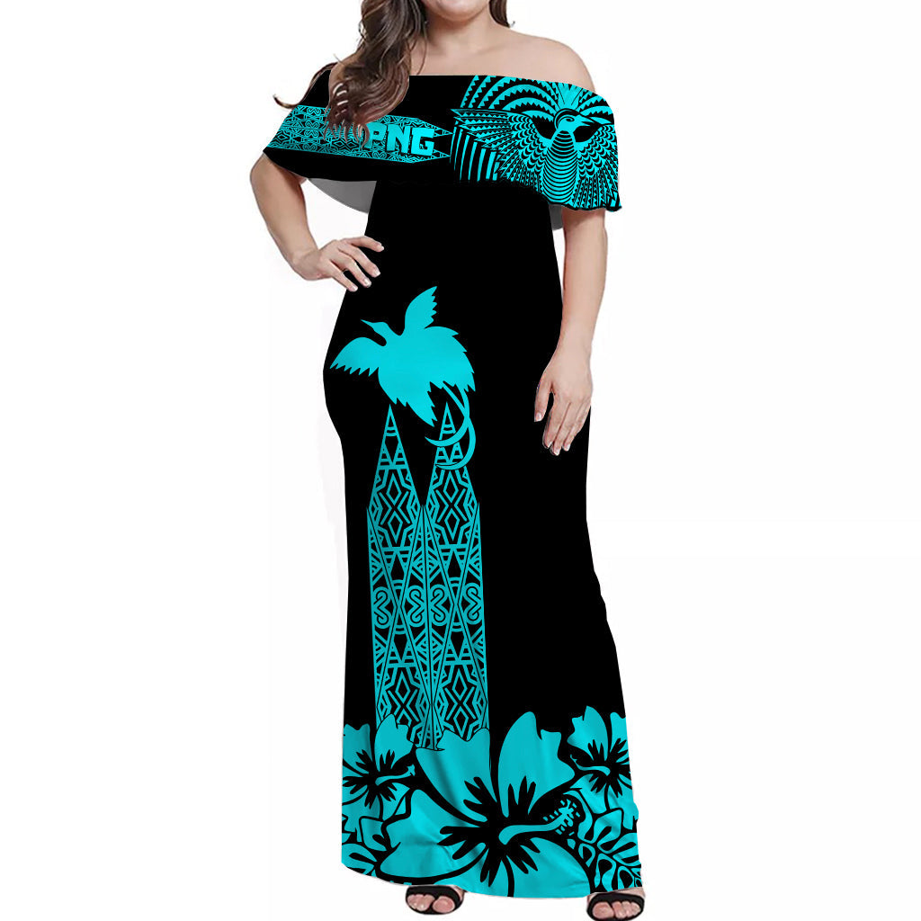PNG Hibiscus Tribal Pattern Off Shoulder Long Dress Motuan Turquoise Color