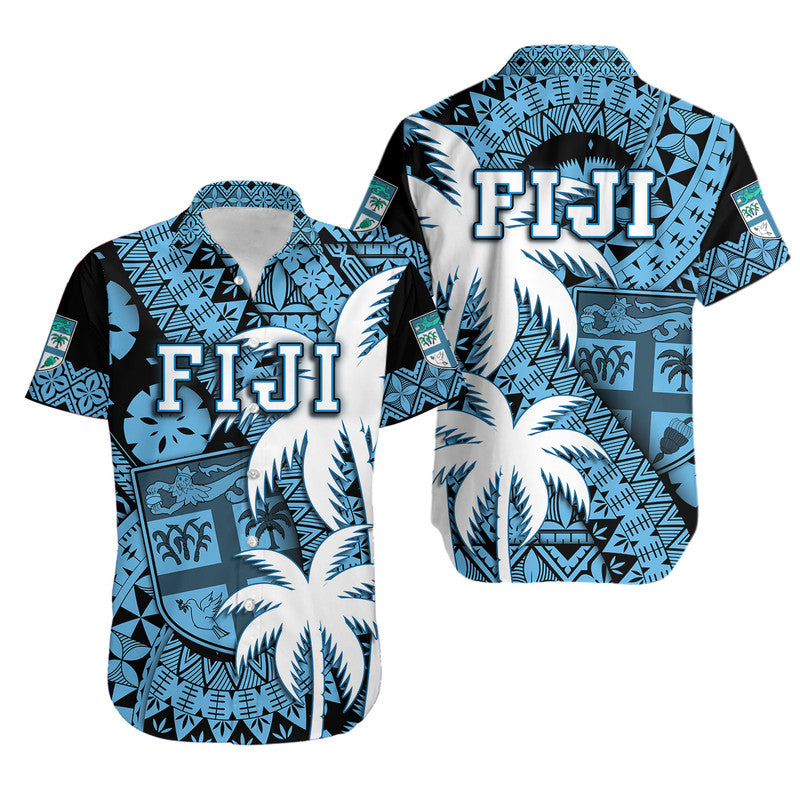 Fiji Coat Of Arms Hawaiian Shirt Masi Tapa Mixed Palm Tree No1 Blue Version