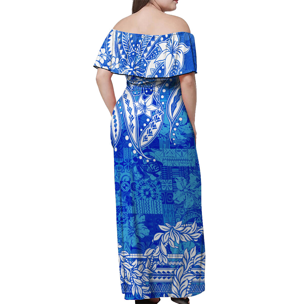 Polynesian Off Shoulder Long Dress Tapa Plumeria Style Blue