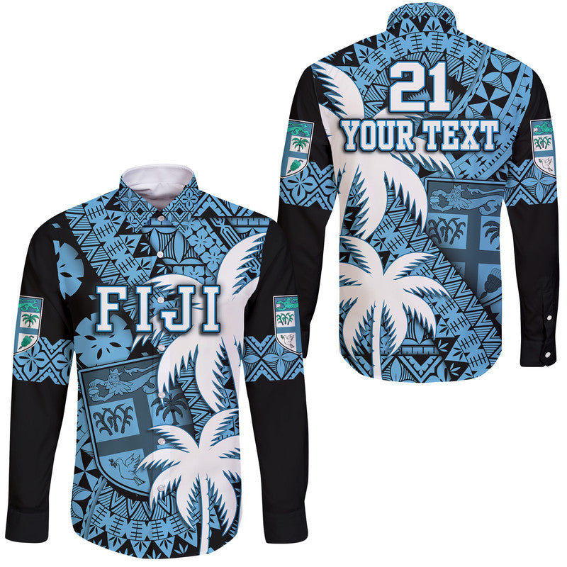 (Custom Personalised) Fiji Coat Of Arms Hawaii Long Sleeve Button Shirt Masi Tapa Mixed Palm Tree No1 Blue Version