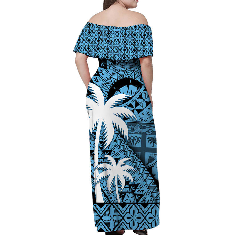 Fiji Coat Of Arms Women Off Shoulder Long Dress Masi Tapa Mixed Palm Tree No1 Blue Version