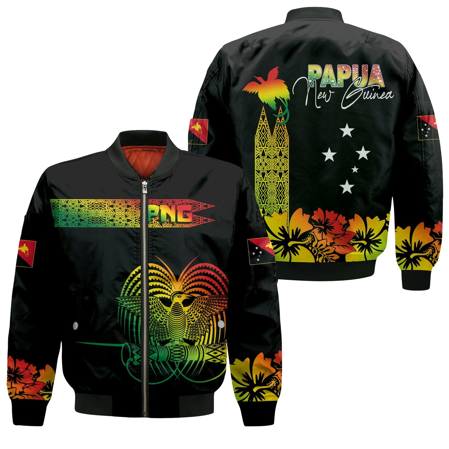 PNG Hibiscus Tribal Pattern Bomber Jacket Motuan Reggae Color