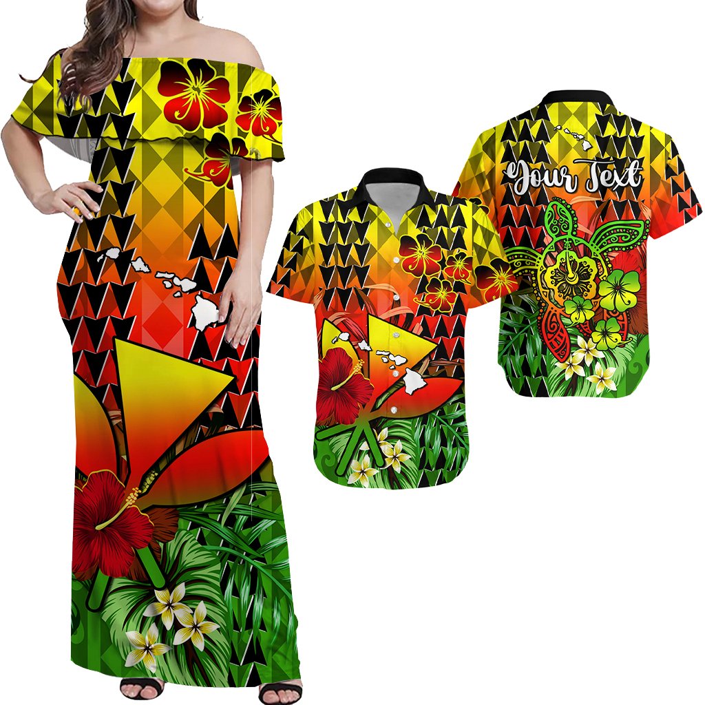 (Custom Personalised) Hawaiian Matching Outfits For Couples Hawaii Flowers Dress and Hawaiian Shirt Color Tribal Pattern Hawaiian