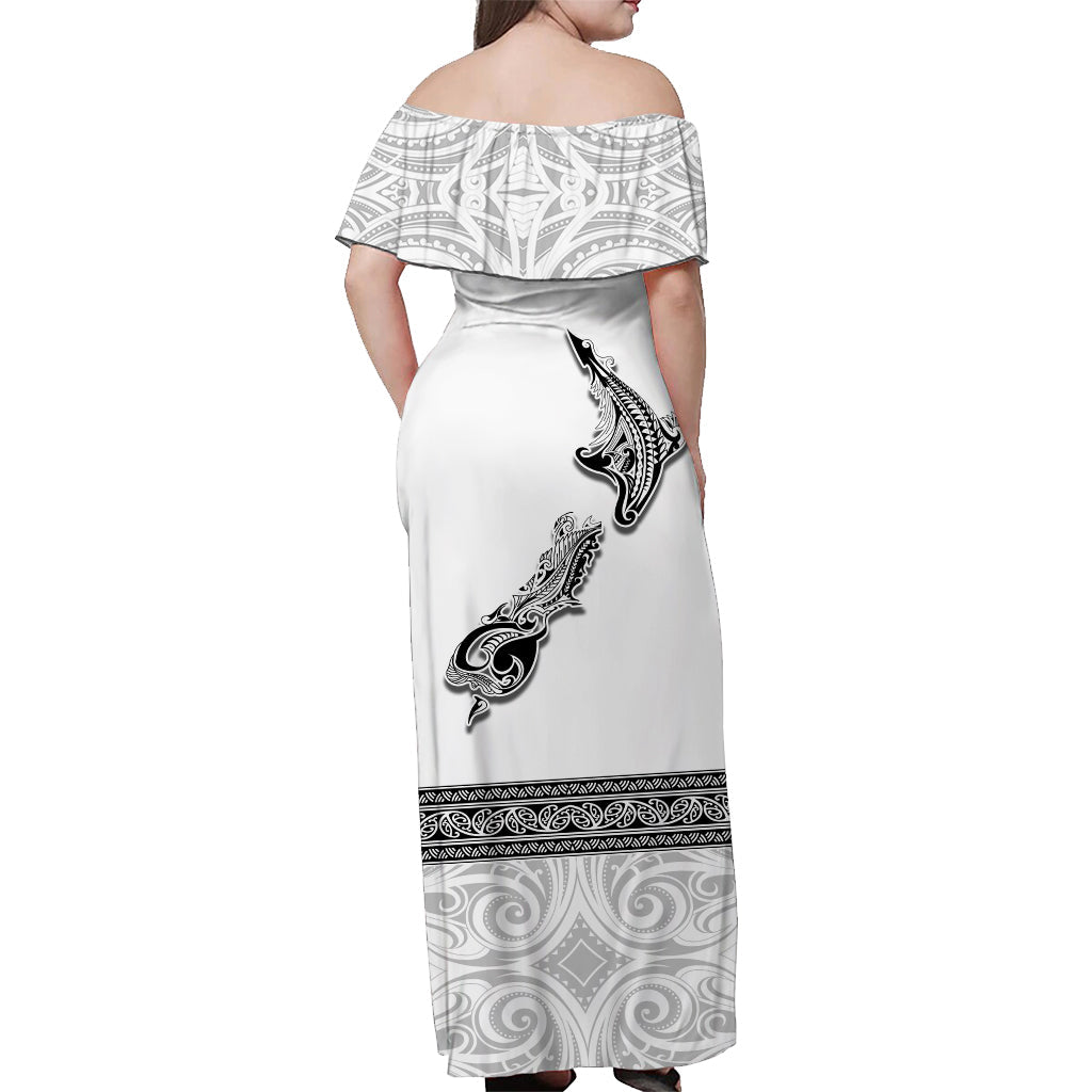 Custom Personalised New Zealand Off Shoulder Long Dress Maori Fern and Map White