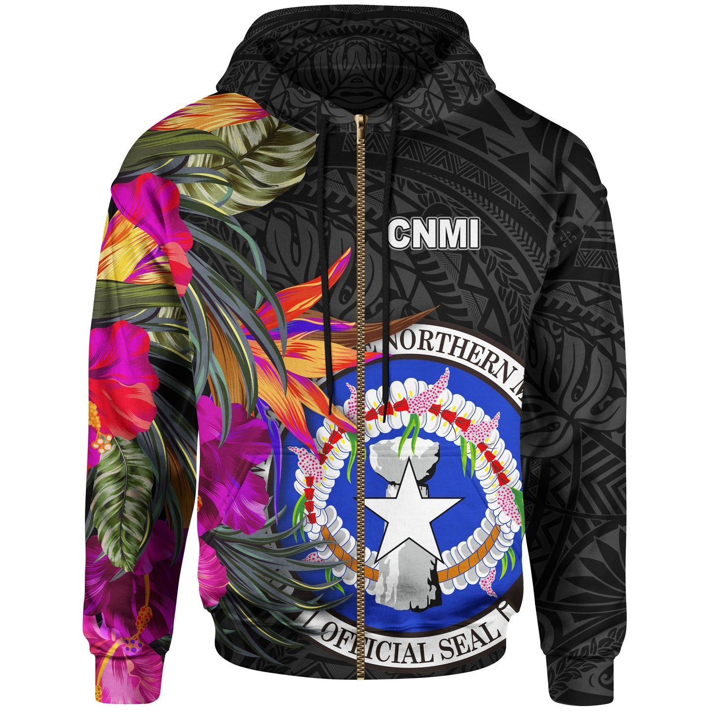 Northern Mariana Islands Zip Hoodie Saipan Hibiscus Polynesian Pattern