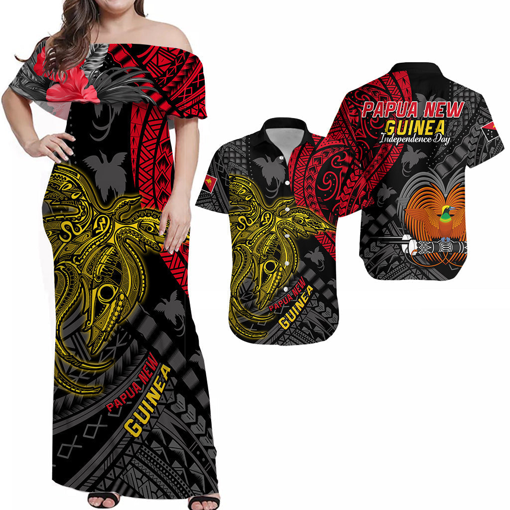 Matching Outfits For Couples Papua New Guinea Combo Dress and Hawaiian Shirt Raggiana Birds Of Paradise Happy 47th Independence Day