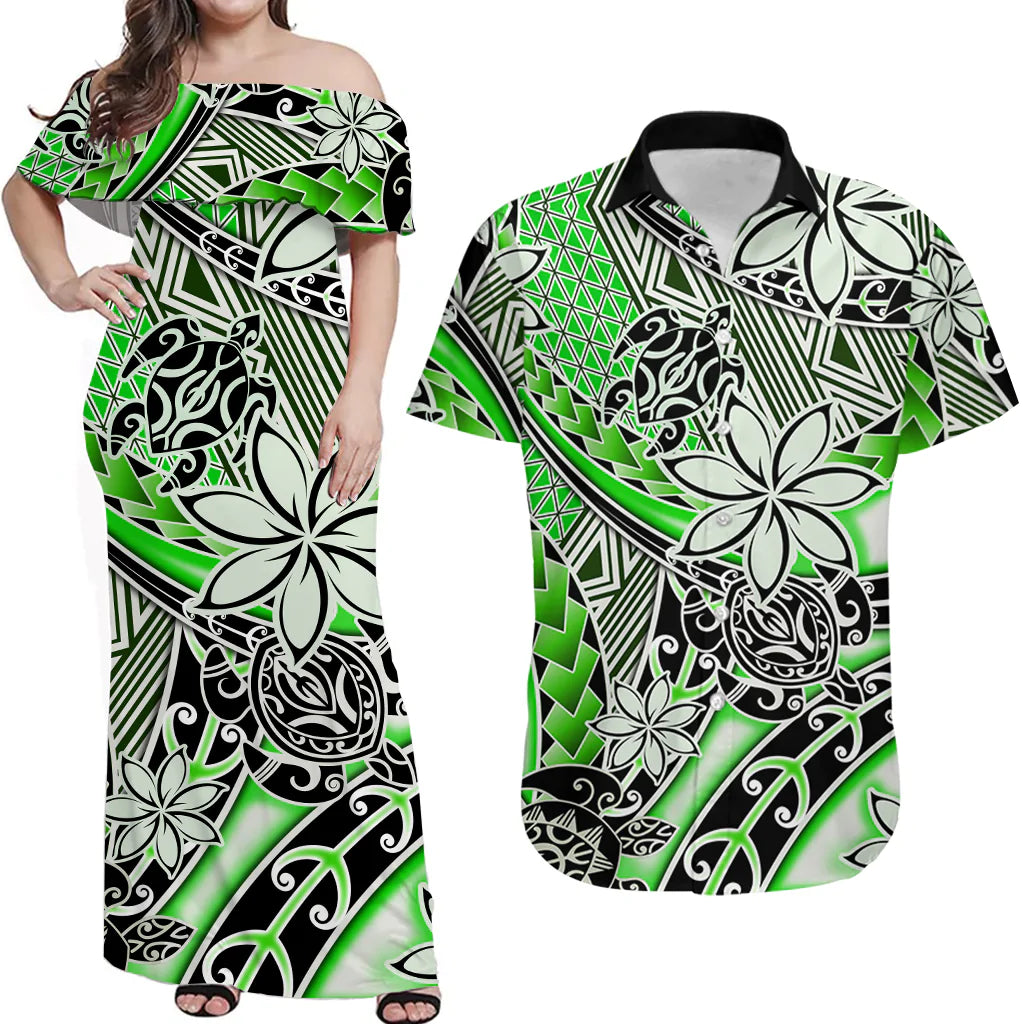 (Custom Personalised) Polynesian Couple Outfits Combo Hawaiian Tribal Dress And Hawaiian Shirt Tribal Plumeria With Polynesian Turtle Ver.01