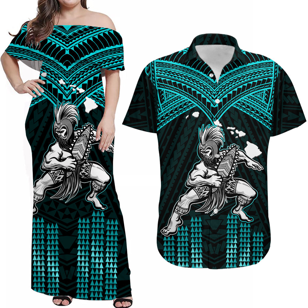 (Custom Personalised) Polynesian Couple Outfits Combo Turquoise Hawaiian Dress And Shirt Hawaiian Warrior With Weapon Polynesian Ver.02