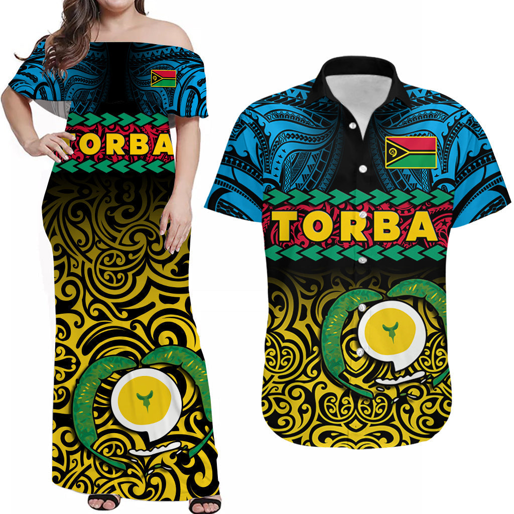 Matching Outfits For Couples Torba Province Combo Dress And Hawaiian Shirt Vanuatu Pig Tusk Polynesian Flag Style