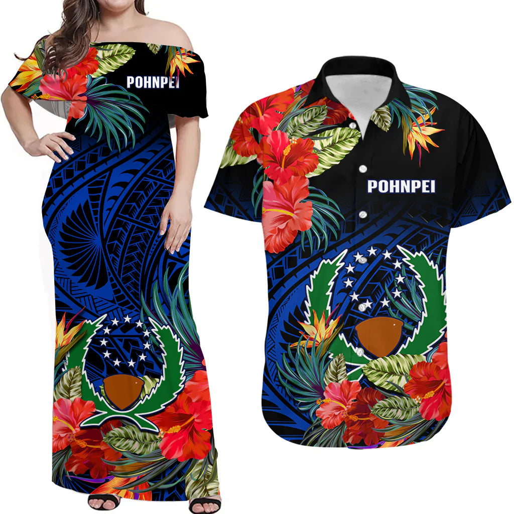 Matching Clothes For Couples Pohnpei State Combo Dress And Hawaiian Shirt FSM Hibiscus Flowers Mix Polynesian