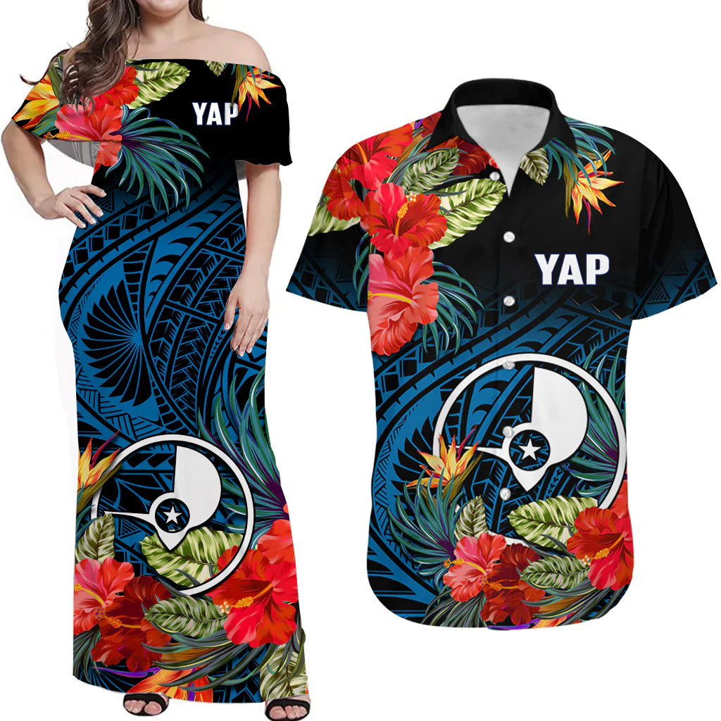 (Custom Personalised) Matching Outfits For Couples Yap State Combo Dress And Hawaiian Shirt FSM Hibiscus Flowers Mix Polynesian
